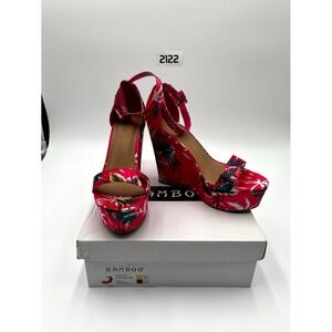 Bamboo Womens 7.5 Sandals Pink Floral Print Ankle Strap High Platform Wedge Heel